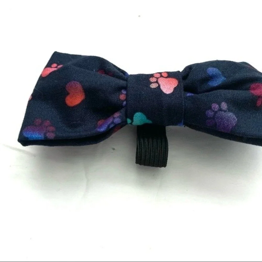 Handmade 1 Dog Bow for Collar Navy w/ Paw Print & Heart Polka Dots 4 x 2 inches